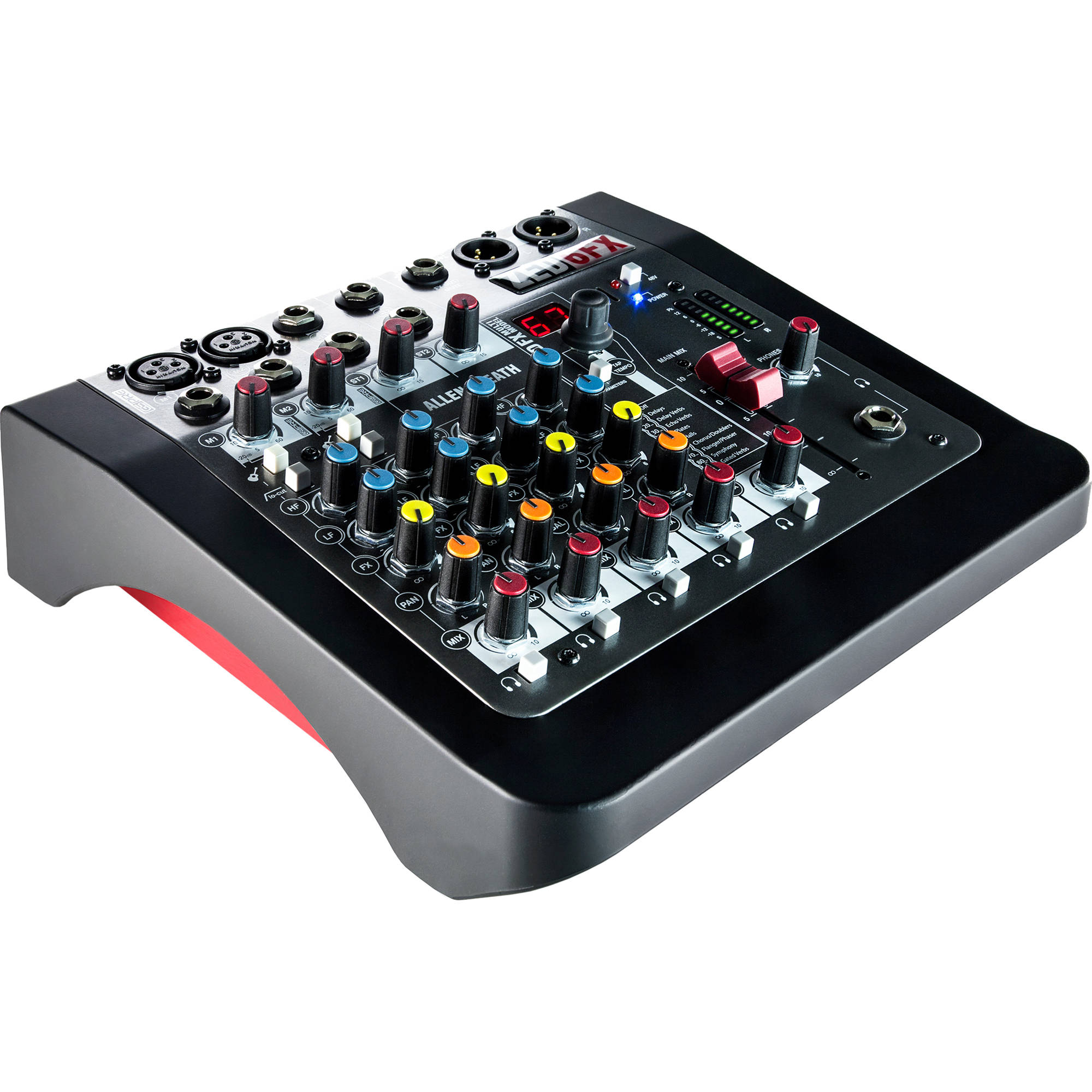 Allen & Heath ZED-6FX analog mixer with multiple input channels, knobs, and built-in effects, showing front panel controls and connections.