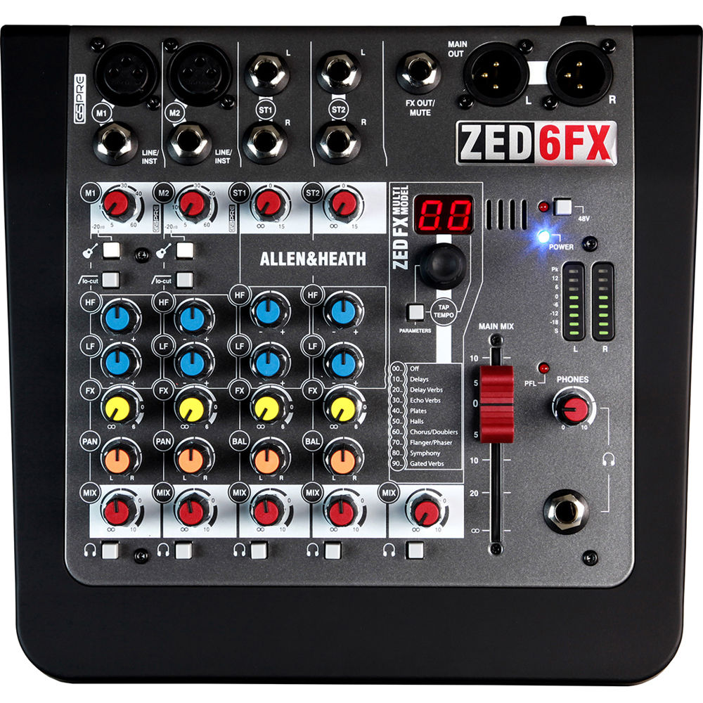 Allen & Heath ZED-6FX analog mixer with multiple input channels, knobs, and built-in effects, suitable for live and studio sound.