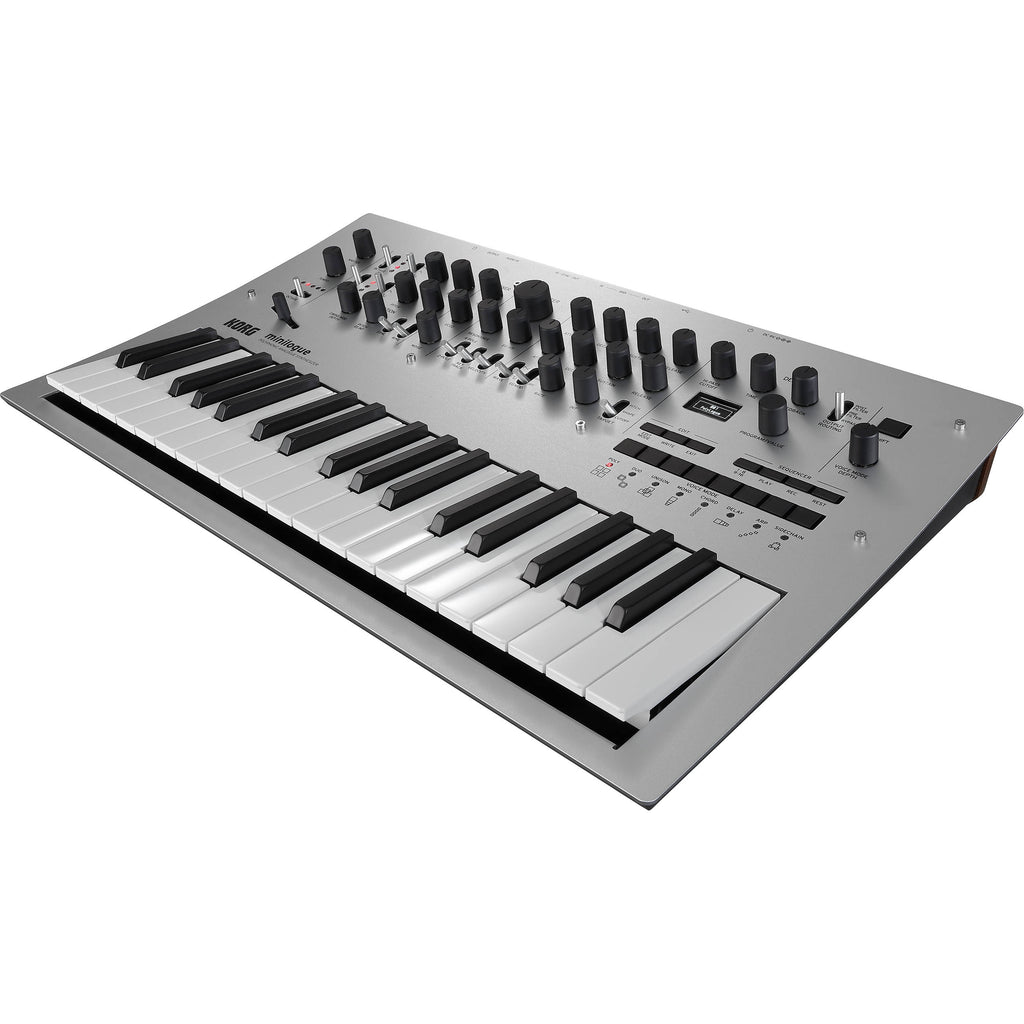 Korg Minilogue synthesizer with black control panel, knobs, and keyboard, showing front view of this compact analog synth.