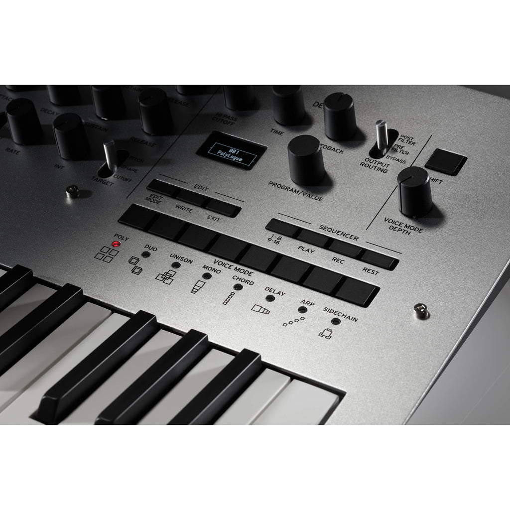 Korg Minilogue synthesizer with a compact design, featuring knobs and controls for creating diverse sounds and music production.