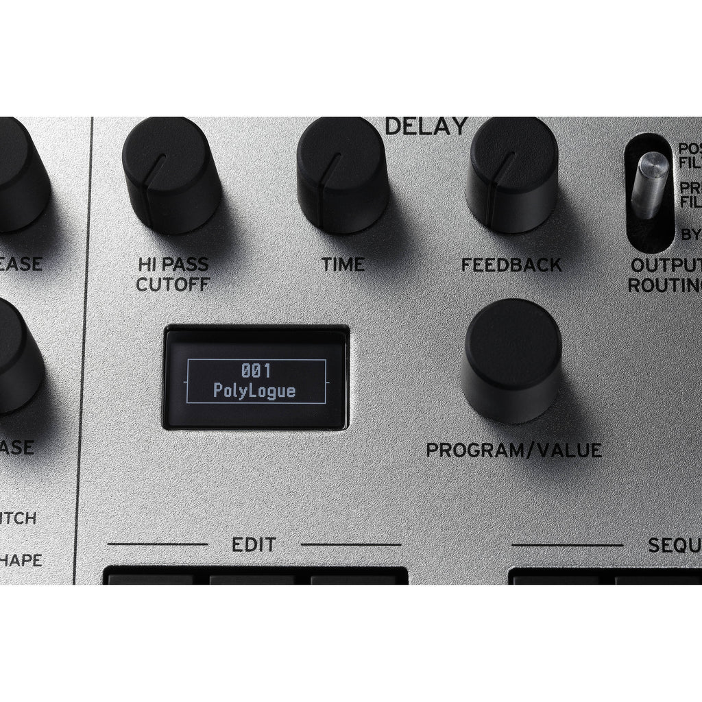 Korg Minilogue synthesizer with knobs and controls, compact digital keyboard for music production and sound creation.