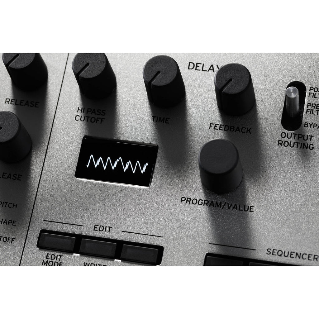 Korg Minilogue synthesizer with control knobs and keyboard, showing its compact design and front panel features.