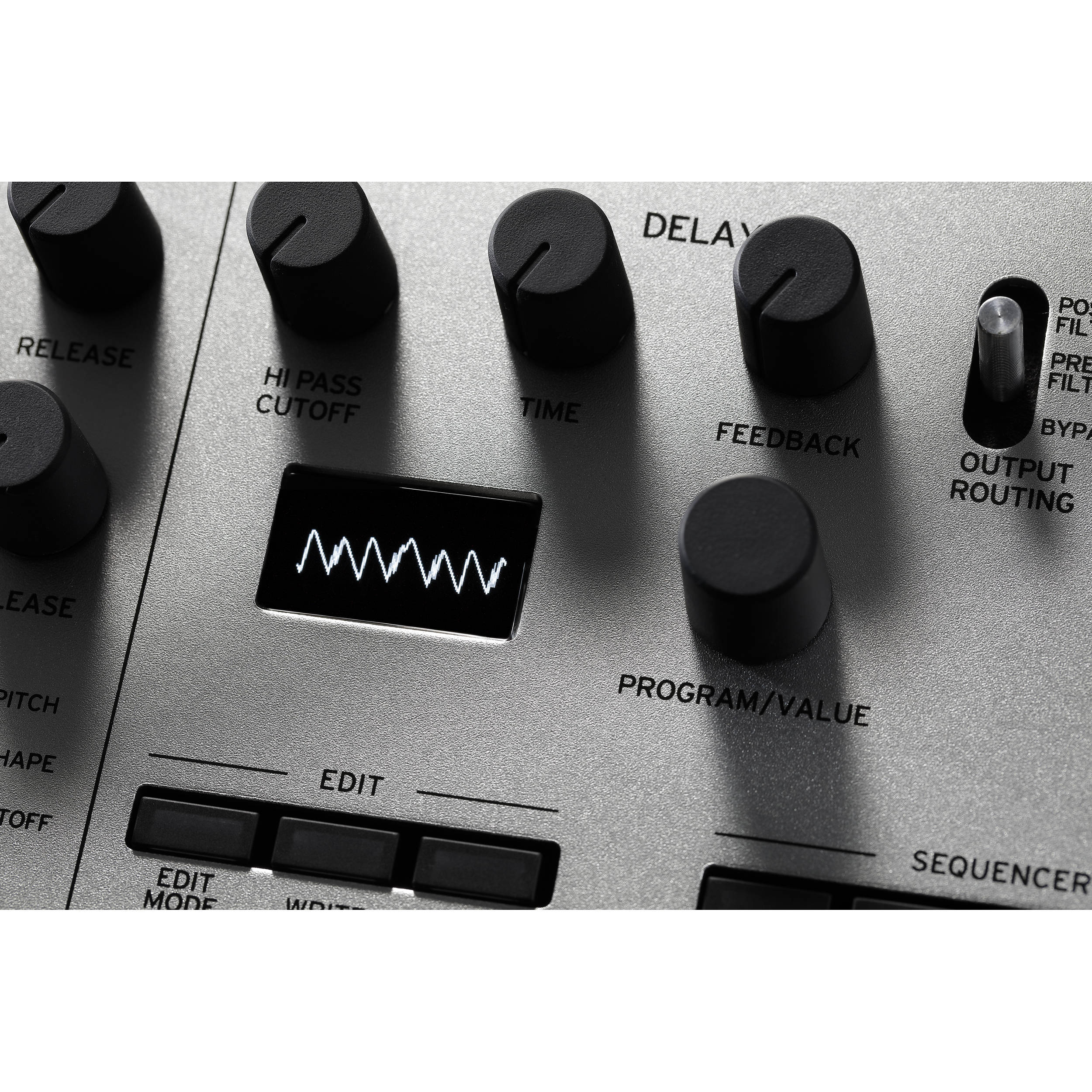 Korg Minilogue synthesizer with control knobs and keyboard, showing its compact design and front panel features.