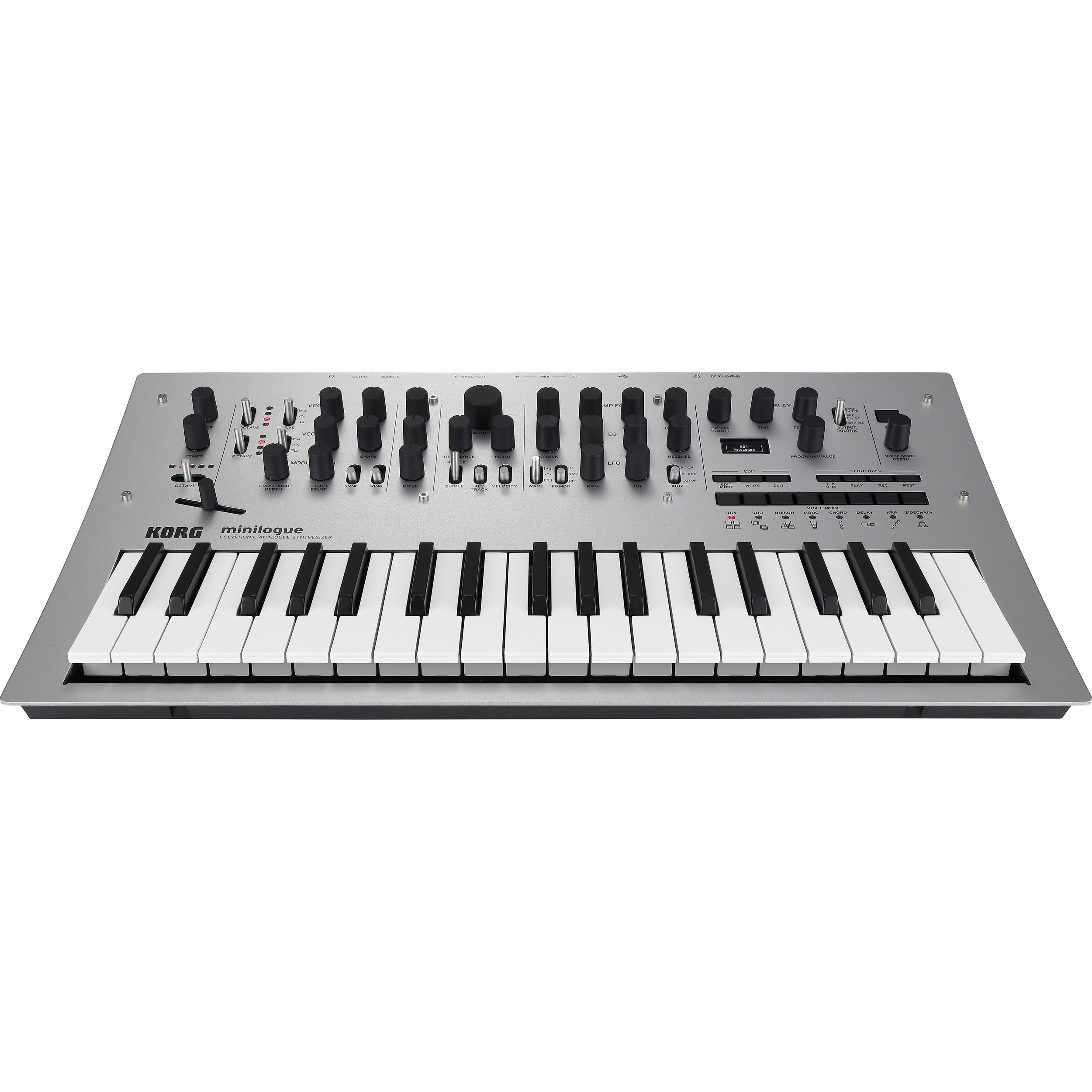 Korg Minilogue synthesizer with compact design, multiple control knobs, and keyboard for rich sound creation.