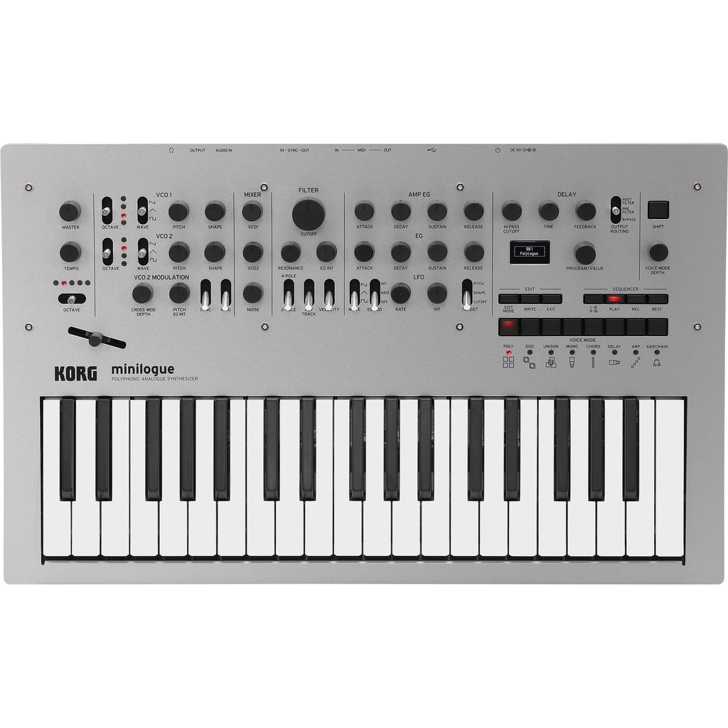 Korg Minilogue synthesizer with black controls and compact design, showing knobs and input/output jacks on the front panel.