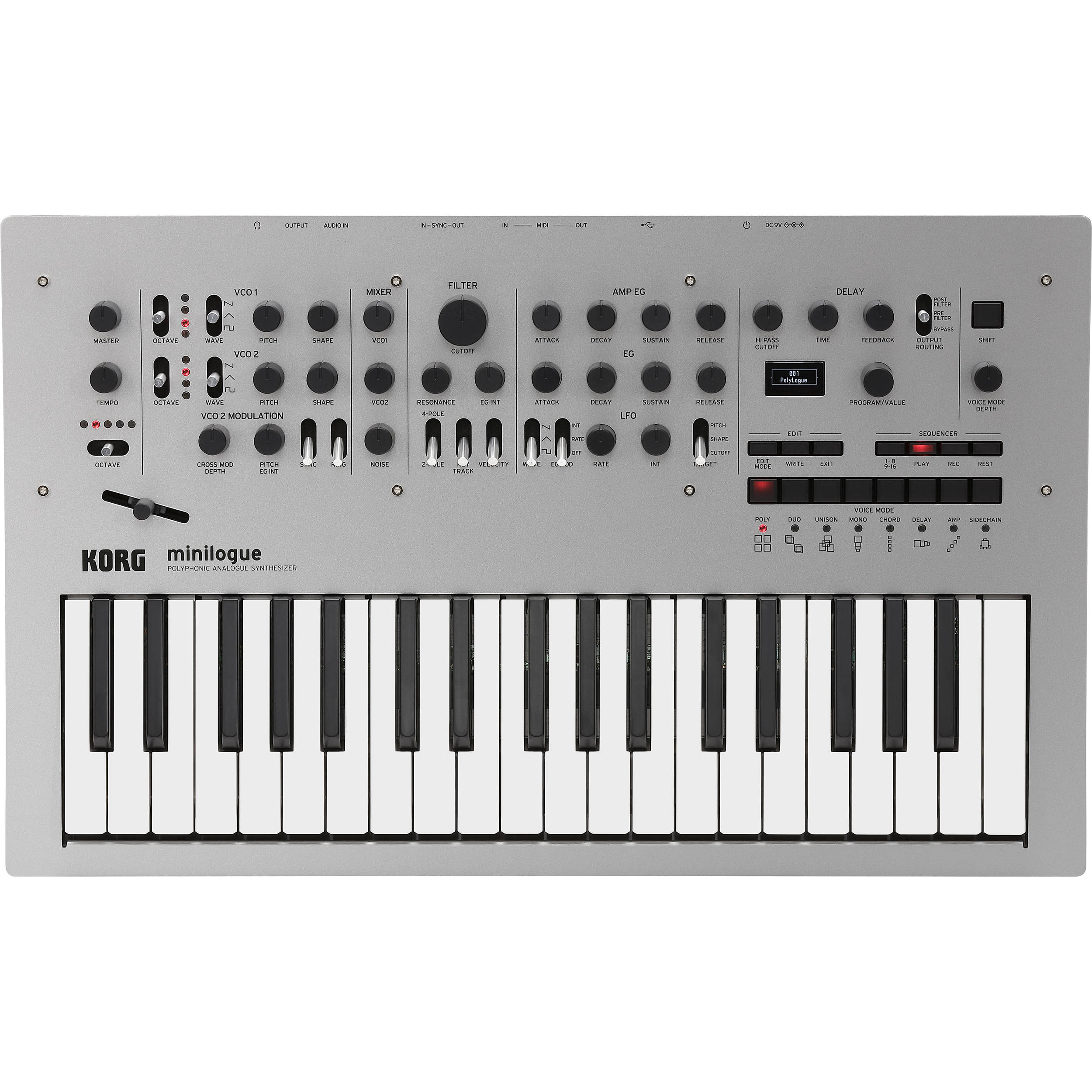 Korg Minilogue synthesizer with black controls and compact design, showing knobs and input/output jacks on the front panel.
