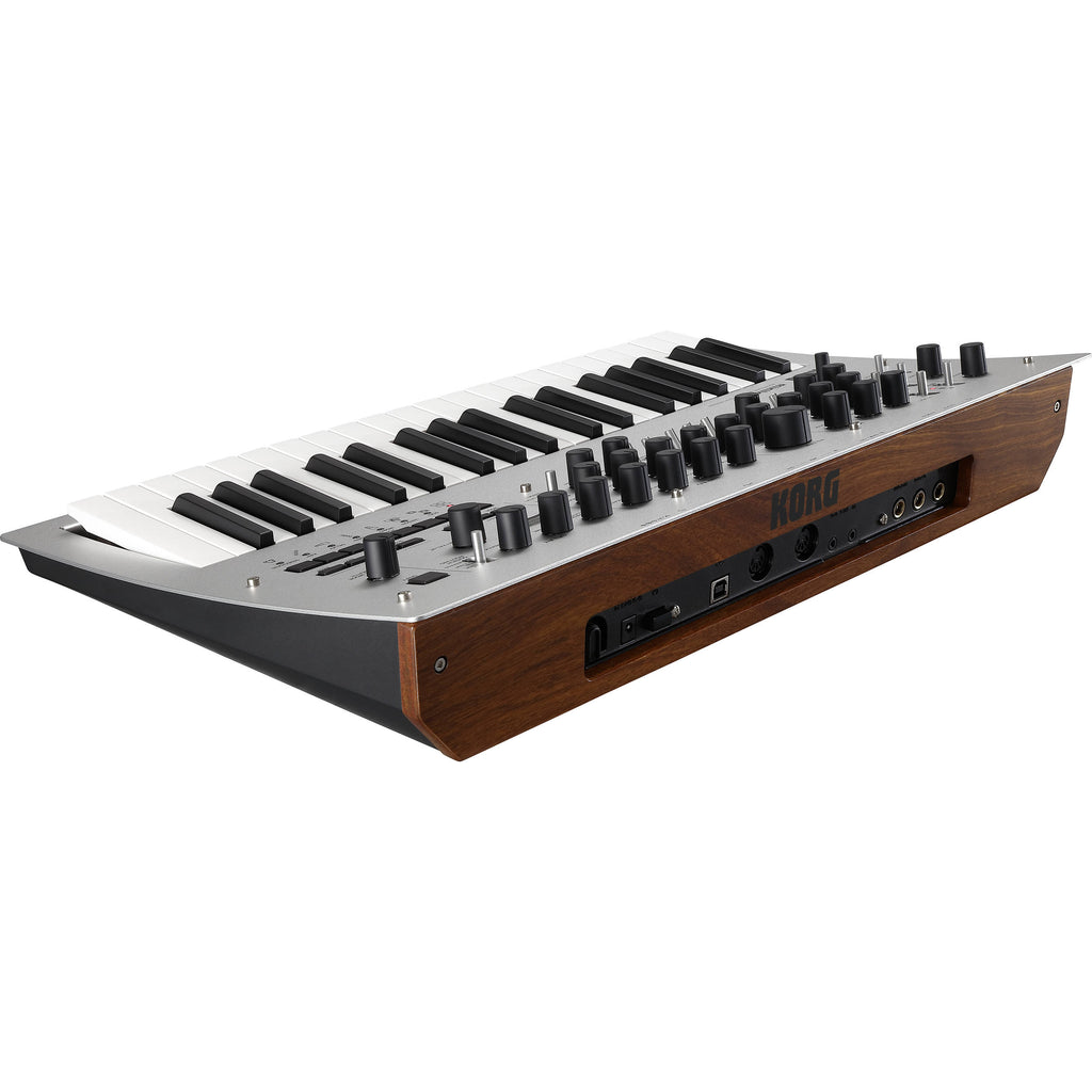 Korg Minilogue synthesizer with control knobs, keys, and digital display, showcasing its compact design and versatile sound interface.