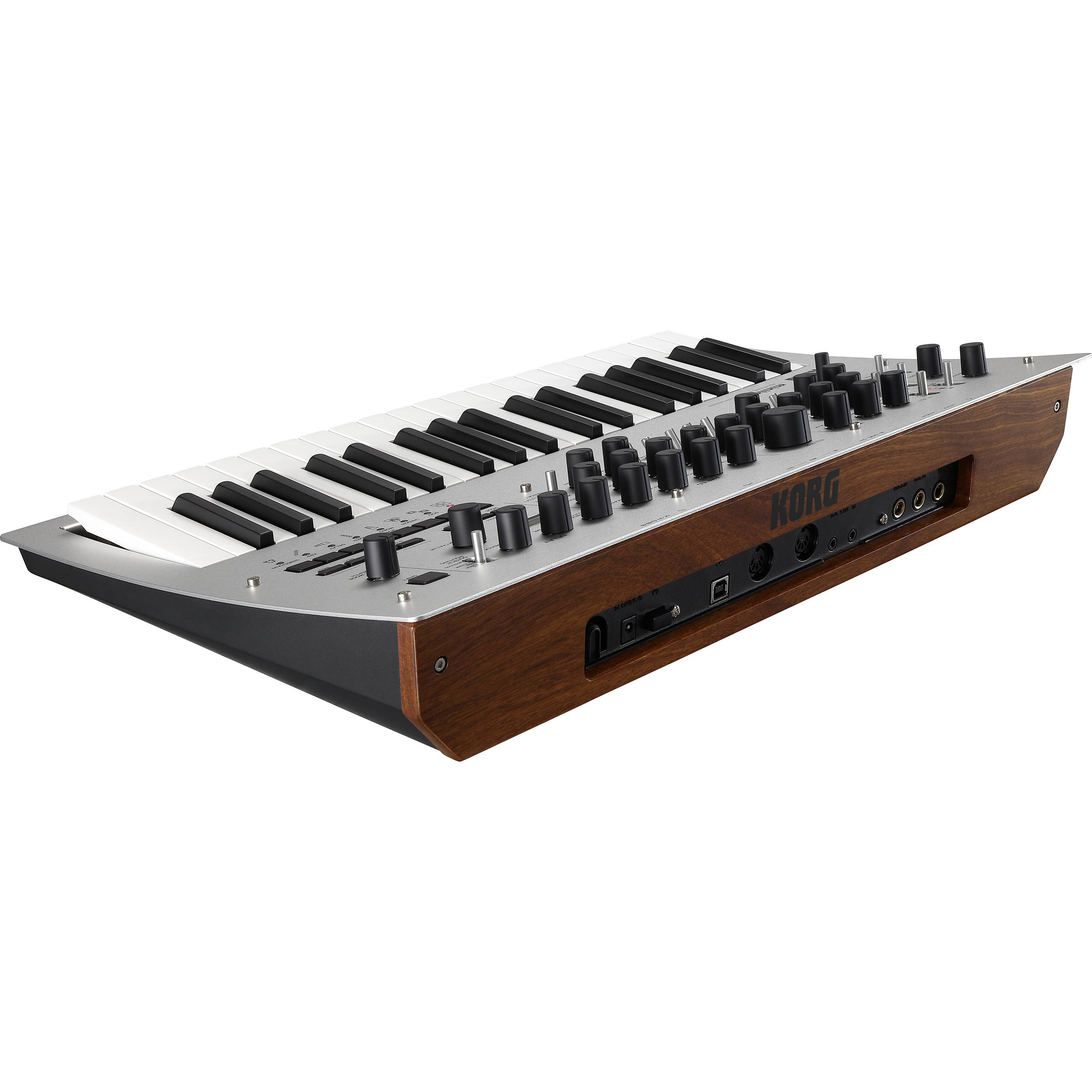 Korg Minilogue synthesizer with control knobs, keys, and digital display, showcasing its compact design and versatile sound interface.