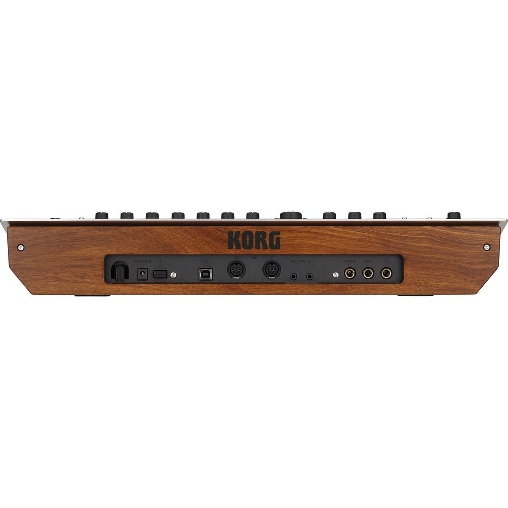 Korg Minilogue synthesizer with knobs and keys, showing front panel and control layout for music production.