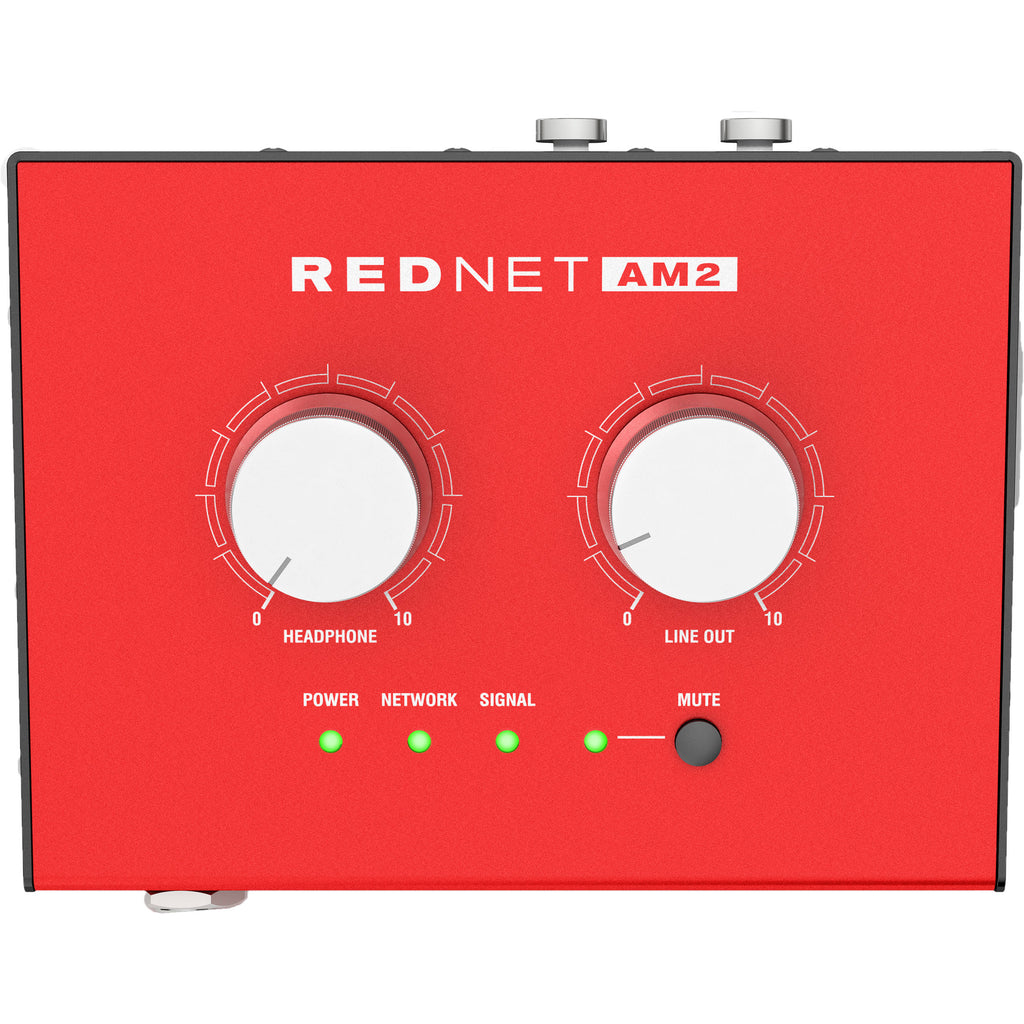 Focusrite RedNet AM2 studio monitor controller with front panel controls and multiple input options for professional audio setup
