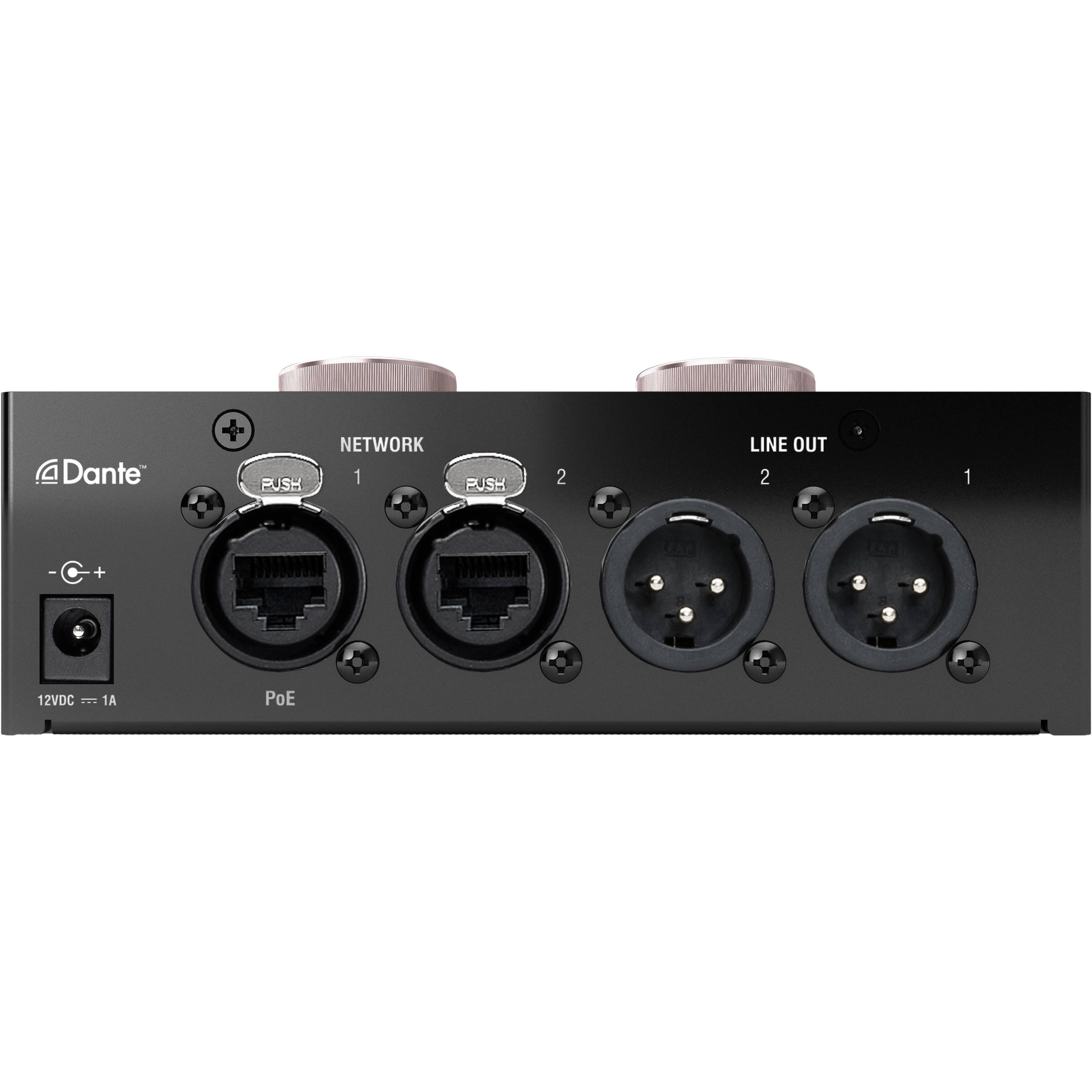 Focusrite RedNet AM2 studio monitor controller with multiple input ports and volume controls, designed for professional audio setup.