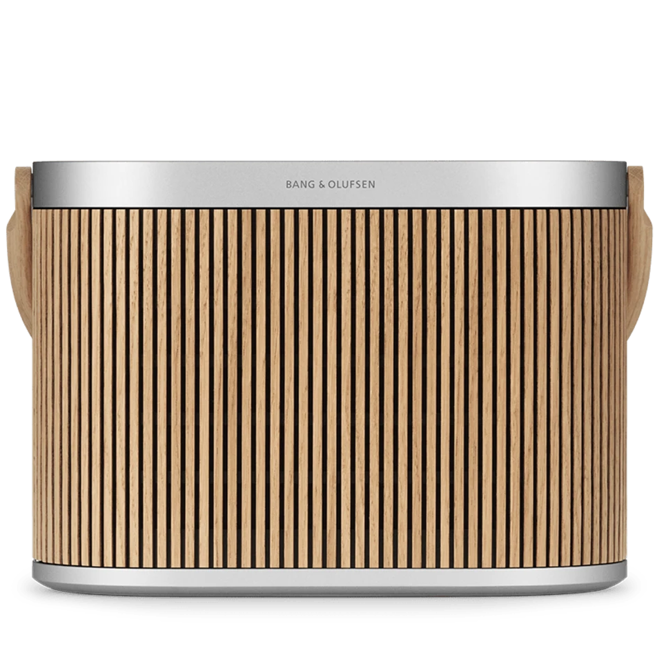 Bang & Olufsen Beosound A5 portable speaker with sleek design, featuring fabric grille and control buttons on top.