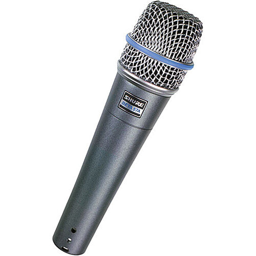 Shure Beta 57A dynamic microphone with a metal grille and black body, designed for professional audio and vocal performances.