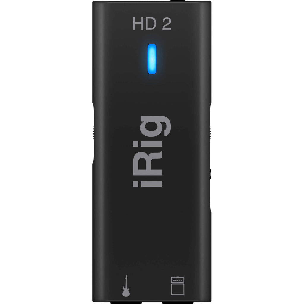 IK Multimedia iRig HD 2 audio interface with guitar and instrument connections, compact design, and control knobs.