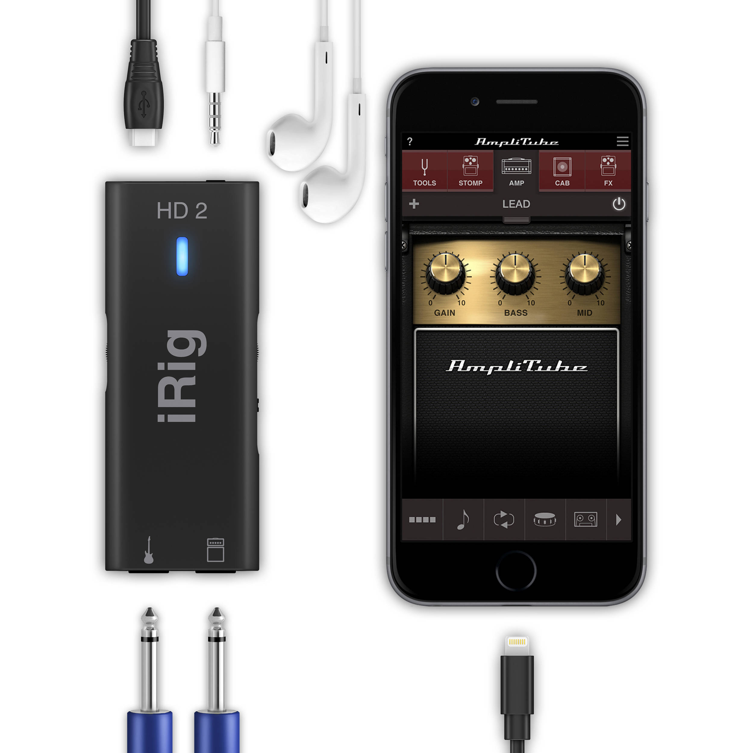 IK Multimedia iRig HD 2 audio interface showing its compact design with input and output ports on the front and back panels.