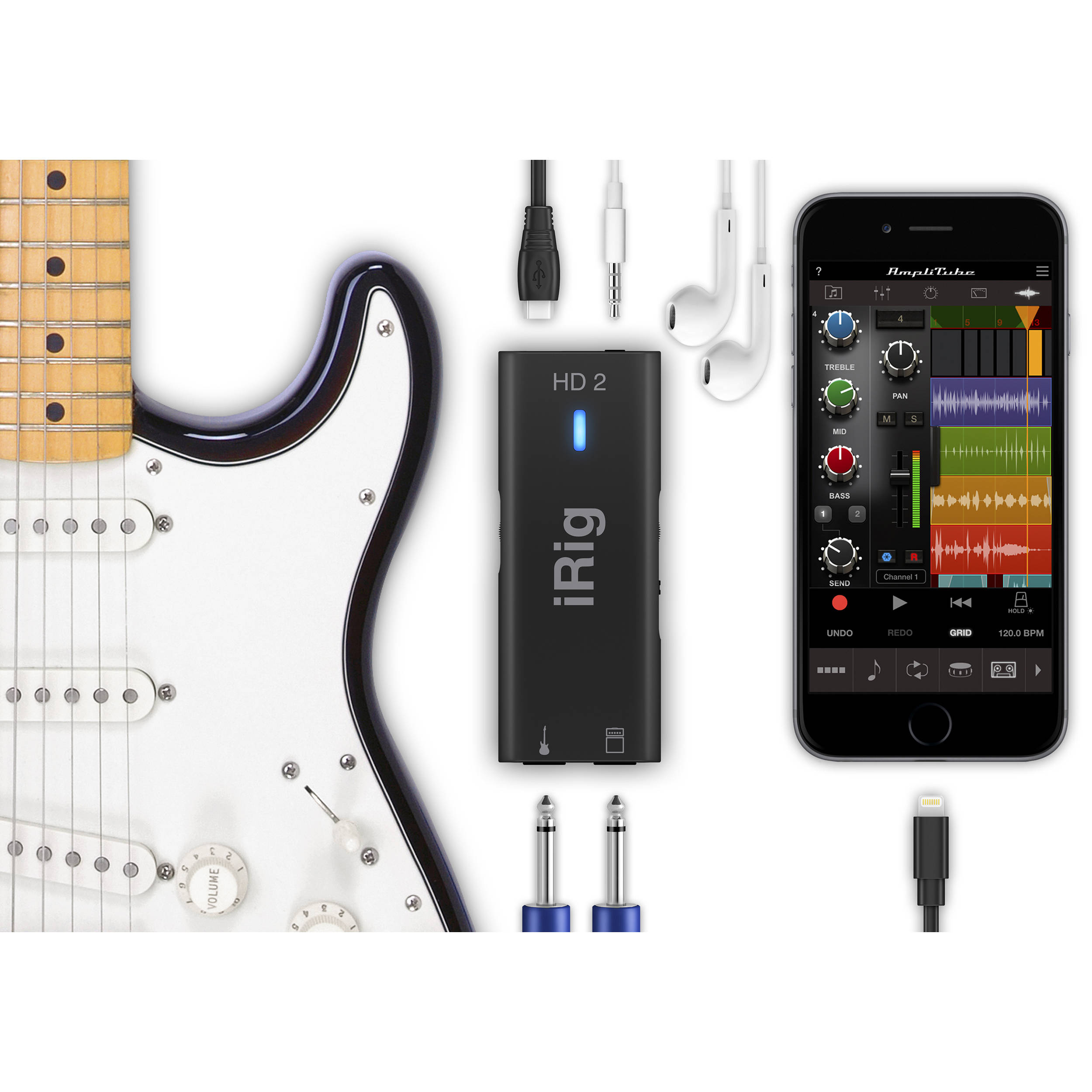 IK Multimedia iRig HD 2 guitar audio interface with dual outputs and USB connection for high-quality recording and live performances.