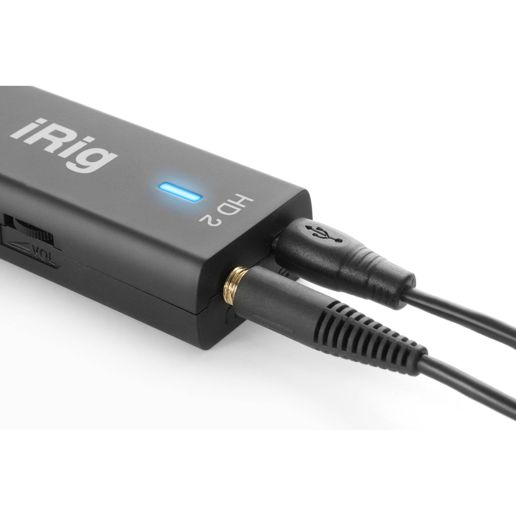 IK Multimedia iRig HD 2 audio interface with USB and 1/4 inch input and output jacks for guitar and instrument recording.