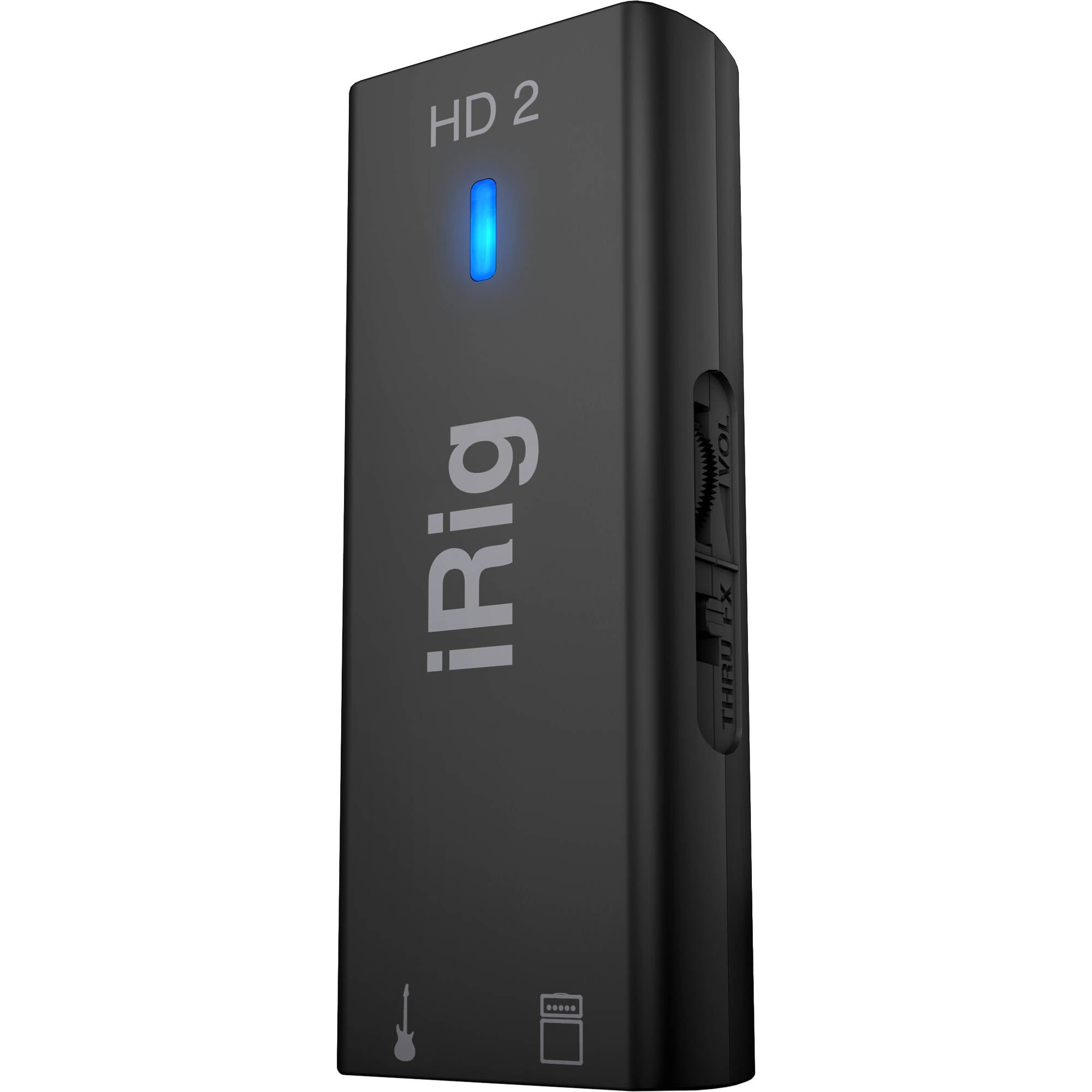 IK Multimedia iRig HD 2 audio interface connected to a guitar, featuring gain control and high-quality audio output.