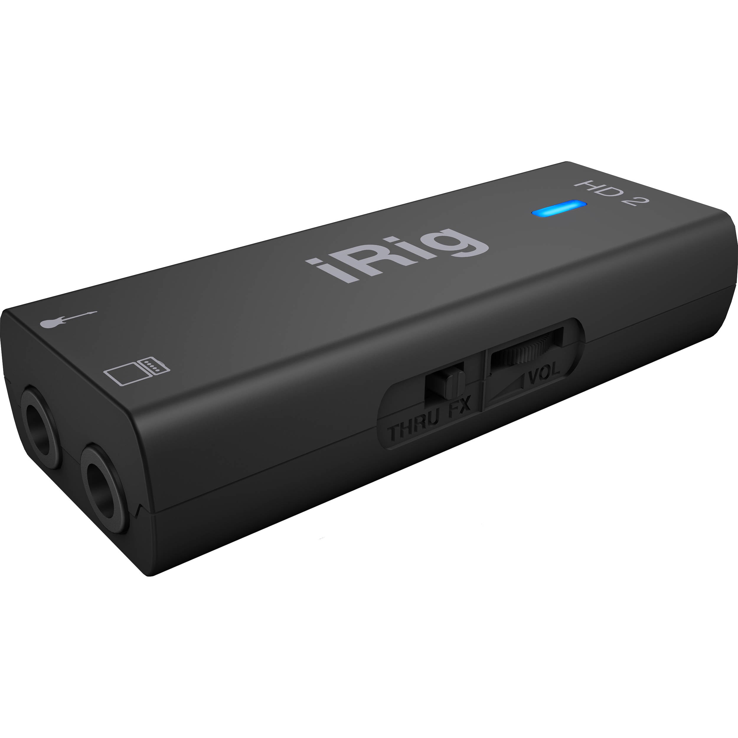 IK Multimedia iRig HD 2 audio interface with guitar cable connected, showing its compact design and input/output ports.