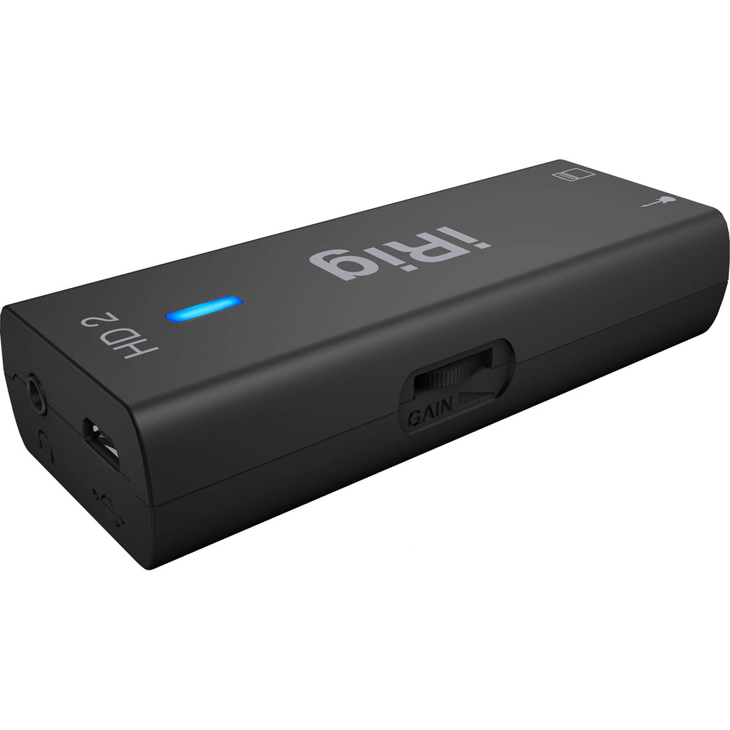 IK Multimedia iRig HD 2 audio interface connected to a guitar, showing compact design and input/output ports.