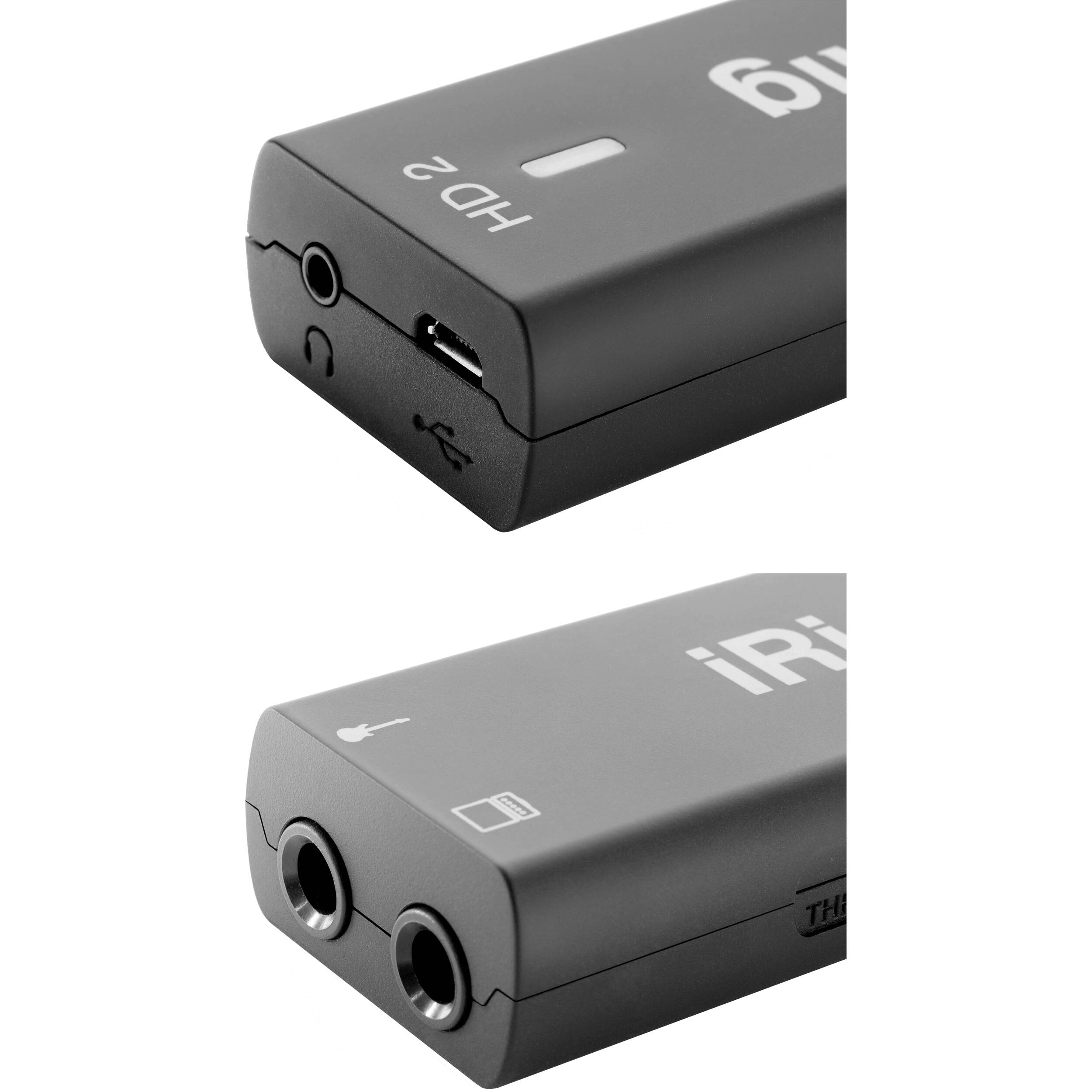 IK Multimedia iRig HD 2 audio interface with guitar cable connected, showing compact design and input/output ports.