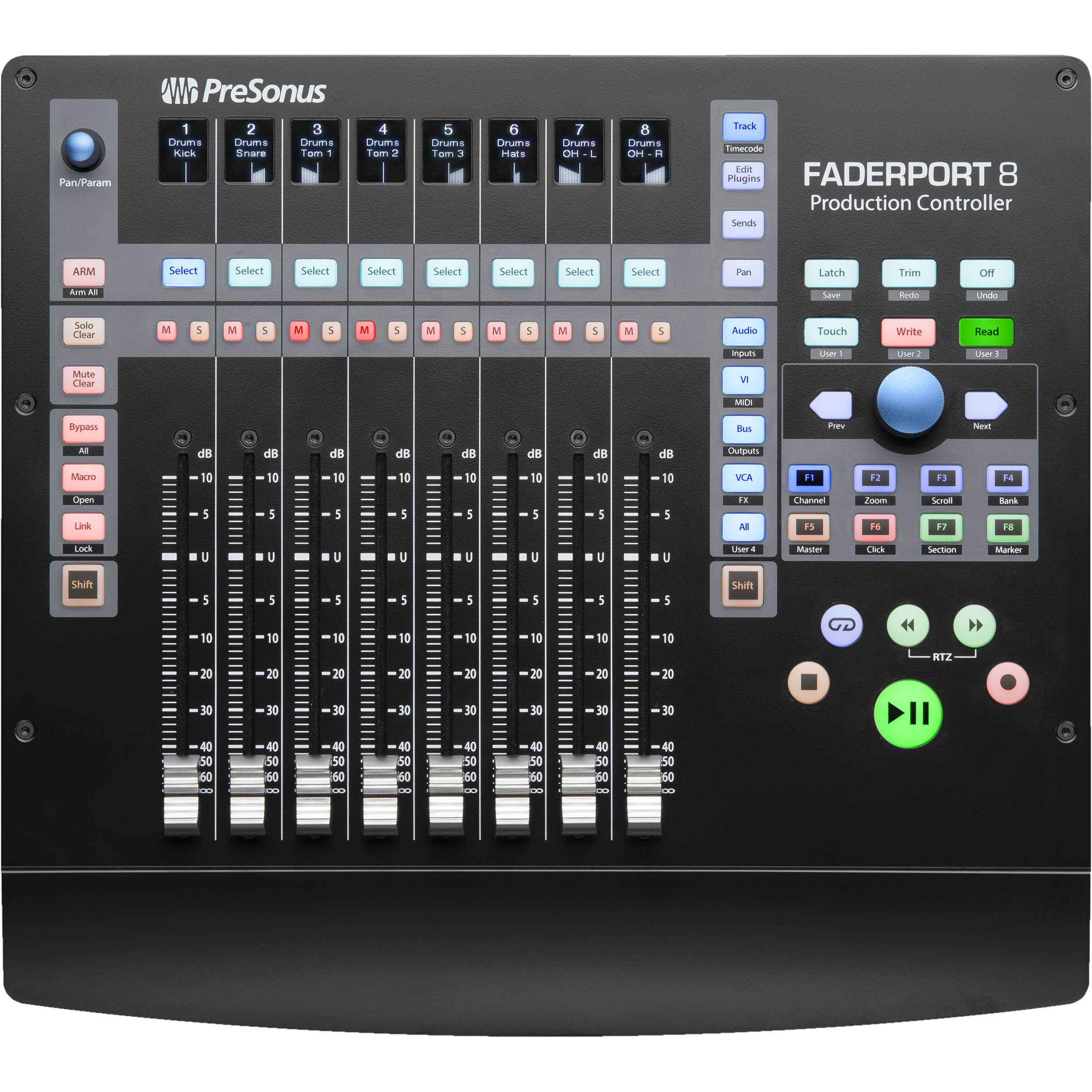 Presonus Faderport 8 DAW controller featuring eight faders and a sleek design for music production.