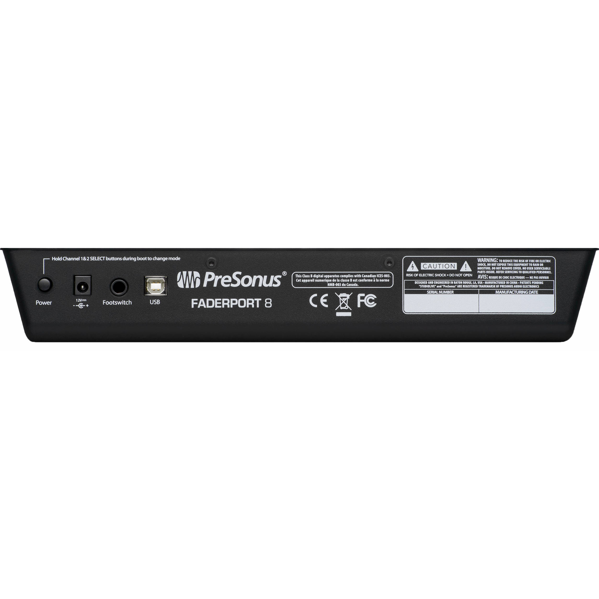Presonus Faderport 8 DAW controller with eight motorized faders and a sleek layout for music production.