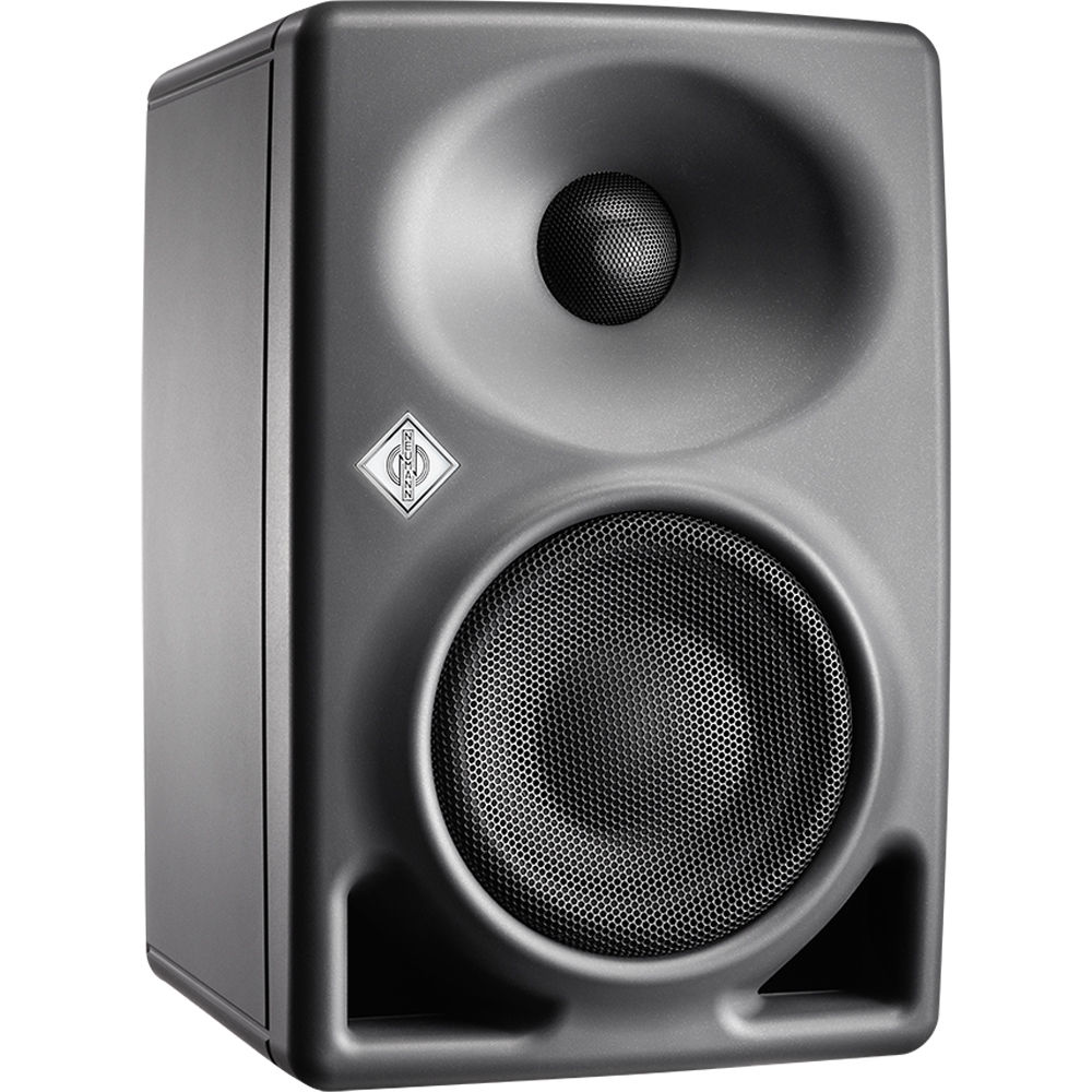 Neumann KH 80 DSP active nearfield monitors with sleek black cabinets and detailed speaker drivers for professional audio monitoring.