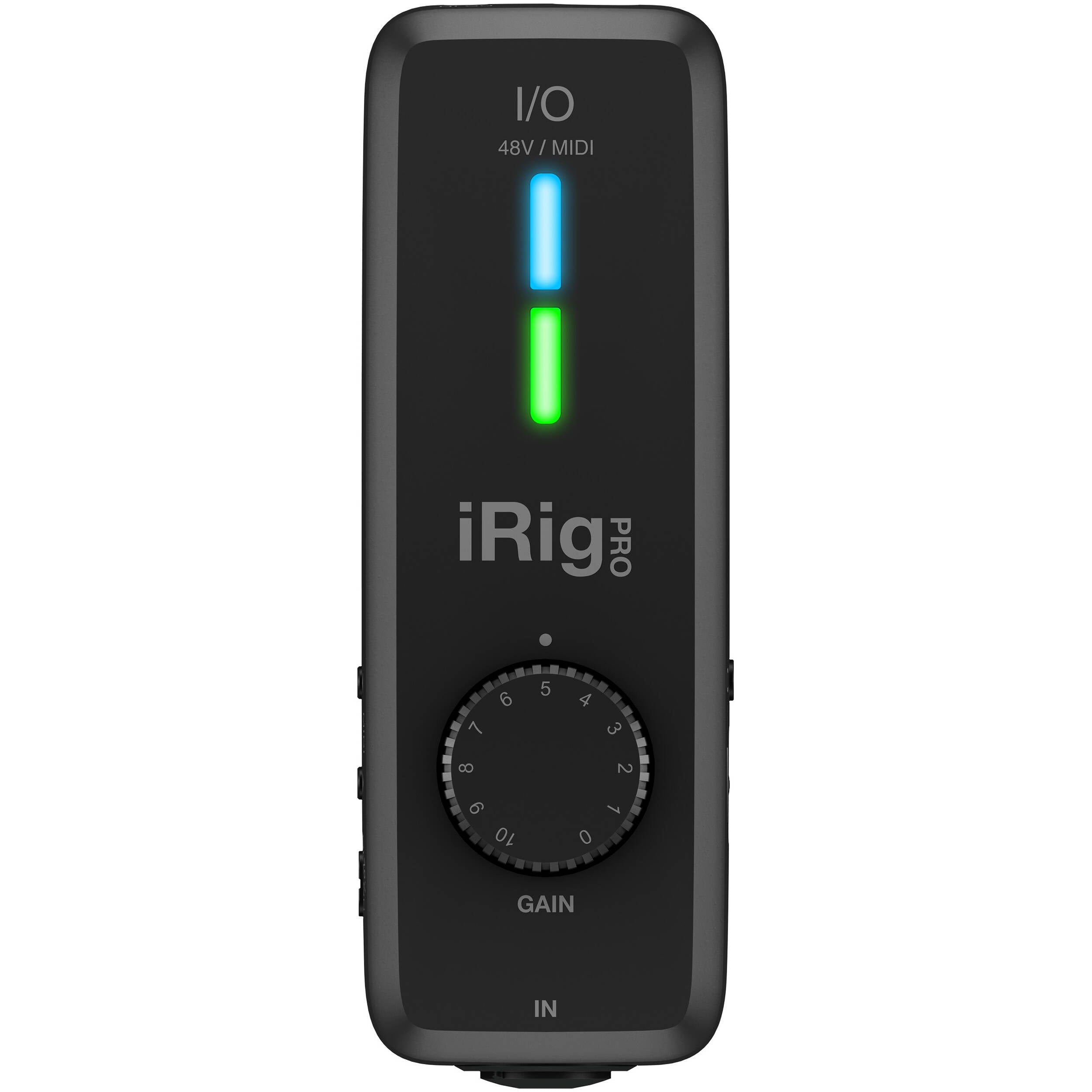 IK Multimedia iRig Pro I/O audio interface with XLR and 1/4-inch inputs, compact design for mobile recording and sound production.
