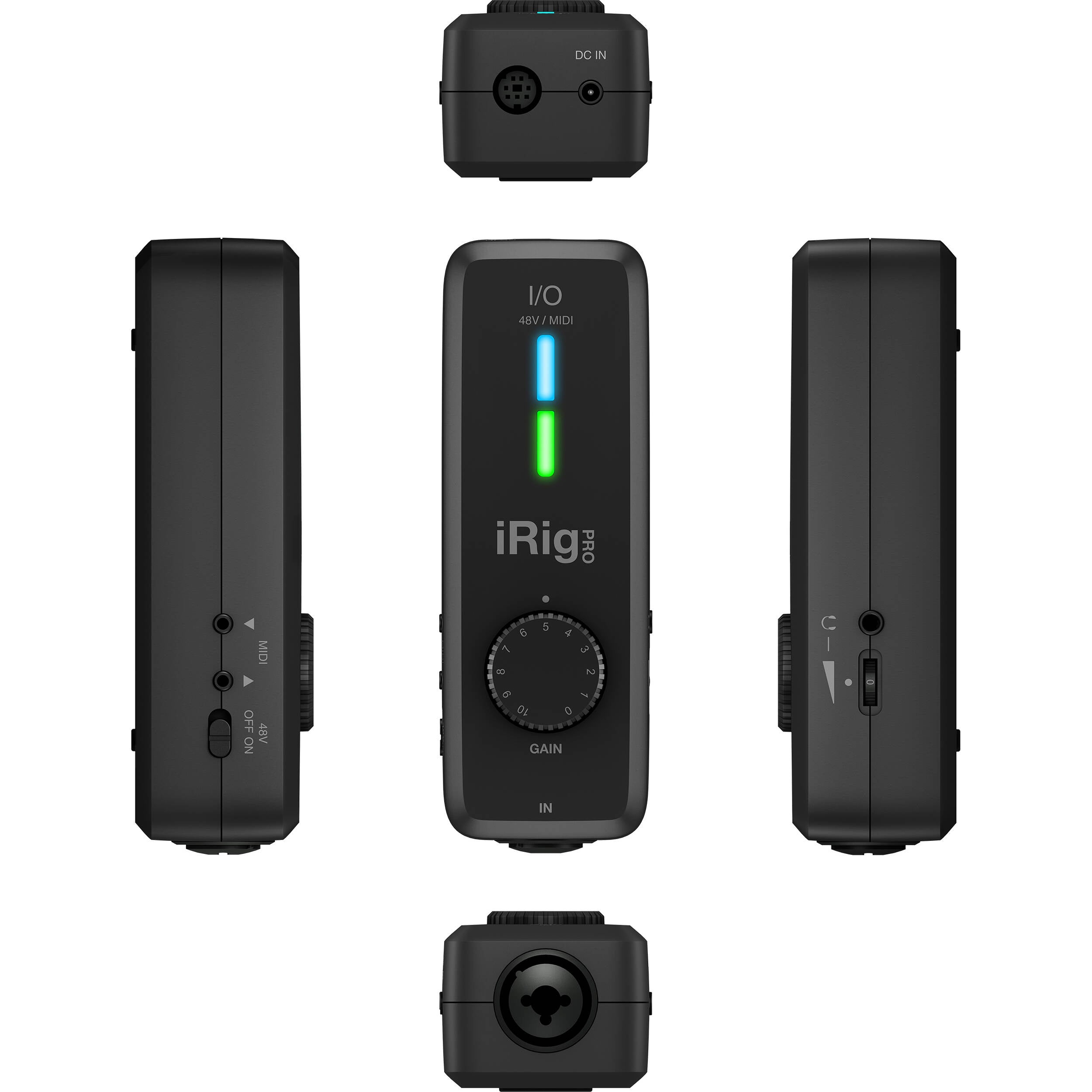 IK Multimedia iRig Pro I/O audio interface with input and output jacks, compact design, and professional audio connectivity.