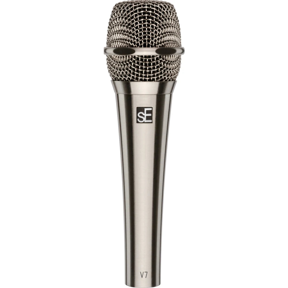 sE Electronics V7 dynamic microphone without switch, showing a professional-grade microphone with a black grille and body.
