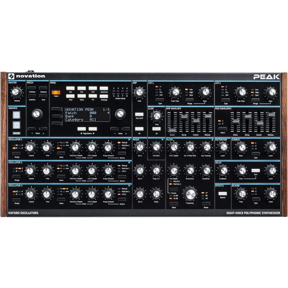 Novation Peak synthesizer with knobs and display, showcasing its professional keyboard and control interface.