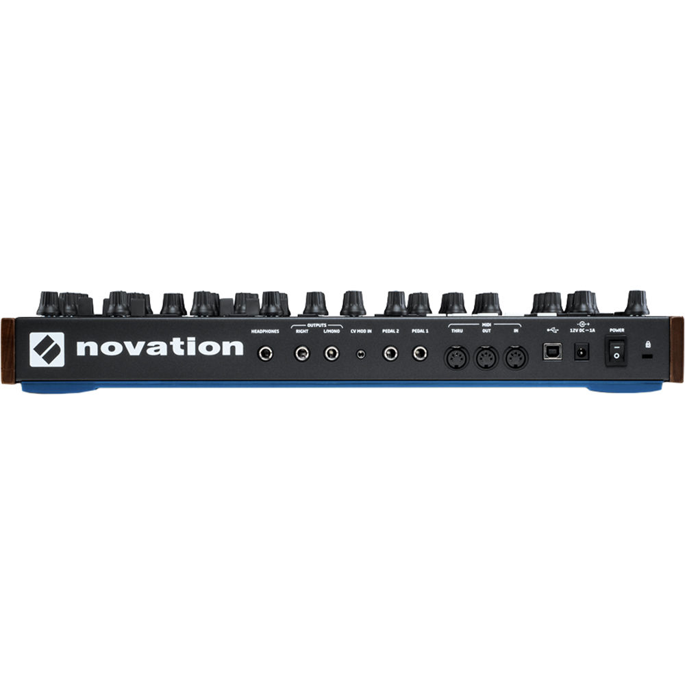 Novation Peak synthesizer with multiple knobs, buttons, and a large display screen, showing its professional audio interface.