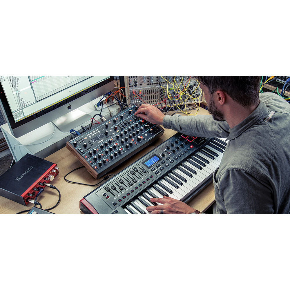 Novation Peak synthesizer with control knobs and display, showcasing its professional-grade interface and modern design.