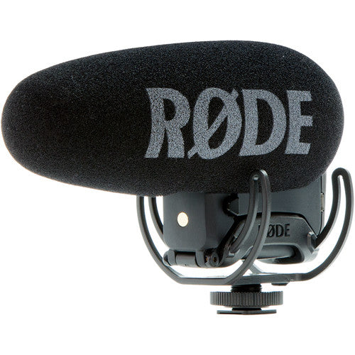 Rode VideoMic Pro+ camera microphone mounted on a camera, showing its compact design and directional microphone capsule.