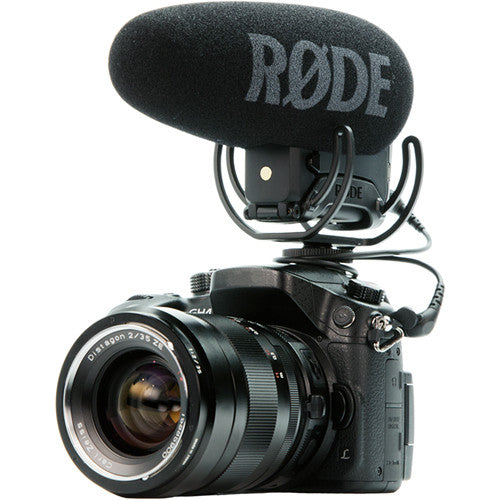 Rode VideoMic Pro+ camera microphone mounted on a camera rig, capturing professional audio for video recording.