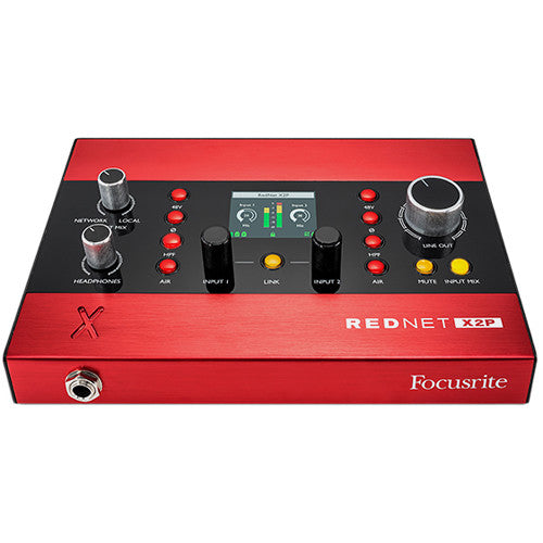 Focusrite RedNet X2P audio interface with dual input/output ports and professional-grade design for high-quality sound recording.