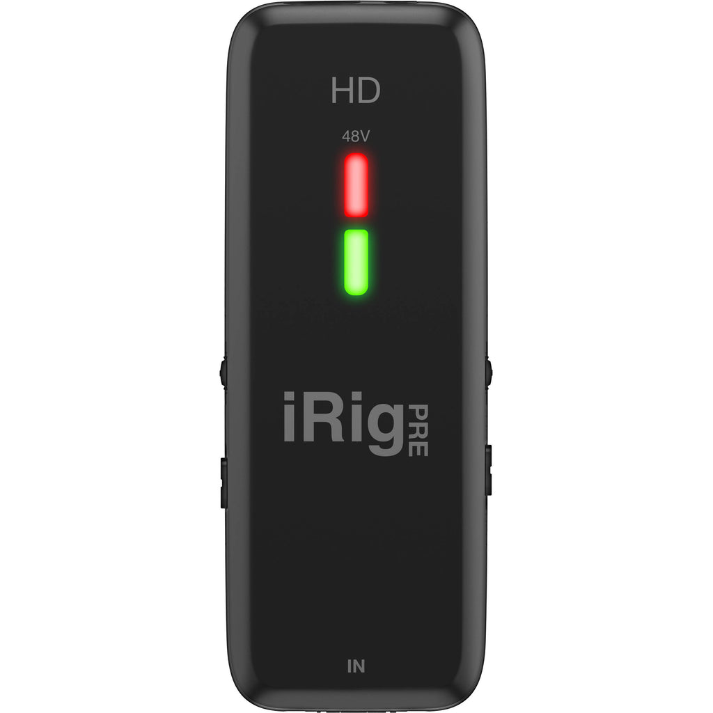 IK Multimedia iRig Pre HD audio interface with microphone input and control knobs, used for mobile recording and podcasting.