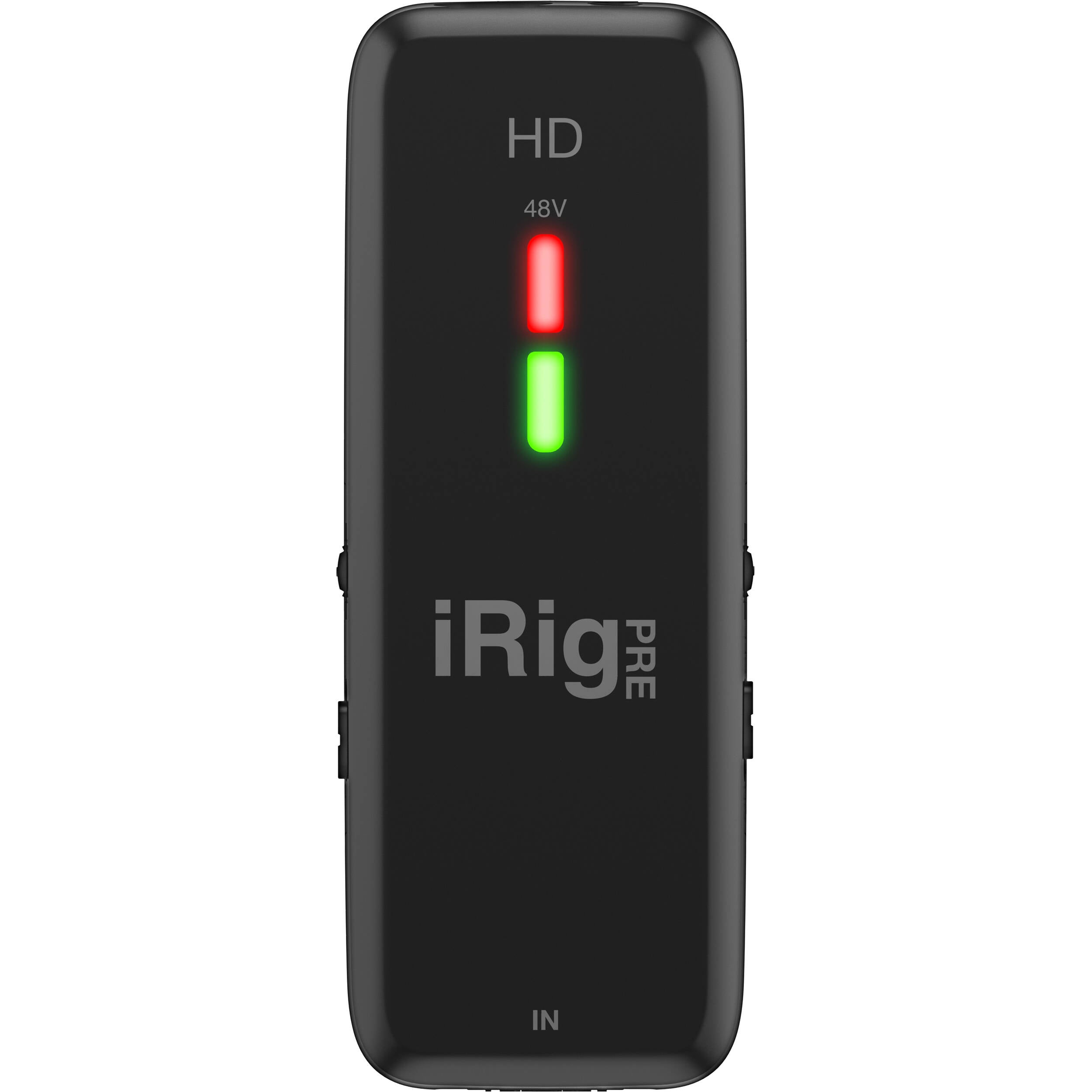 IK Multimedia iRig Pre HD audio interface with microphone input and control knobs, used for mobile recording and podcasting.