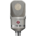 Neumann TLM 107 condenser microphone in studio set with shock mount and pop filter, professional recording equipment.