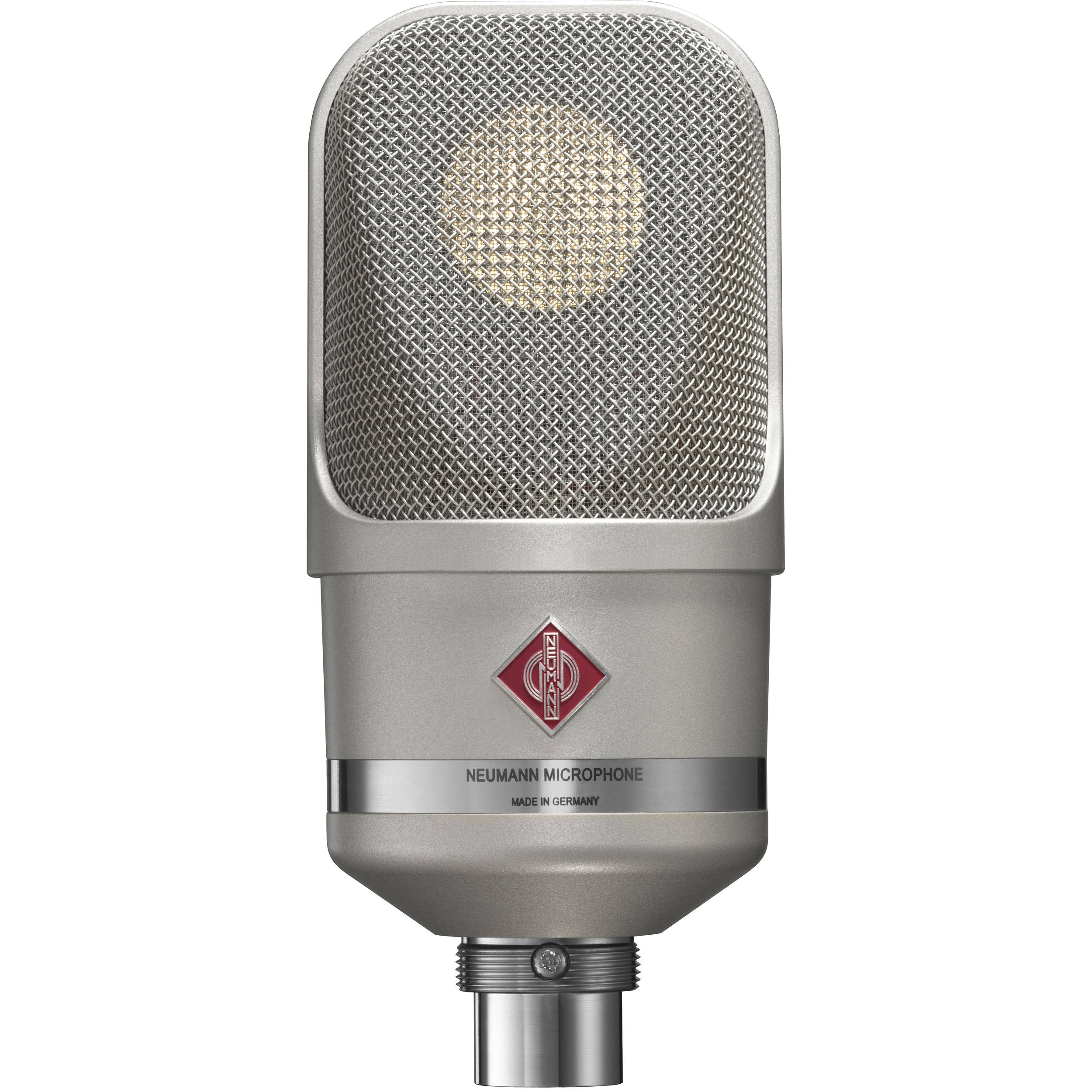 Neumann TLM 107 condenser microphone in studio set with shock mount and pop filter, professional recording equipment.