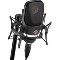 Neumann TLM 107 condenser microphone in studio setup, showing its sleek design and professional-grade build.