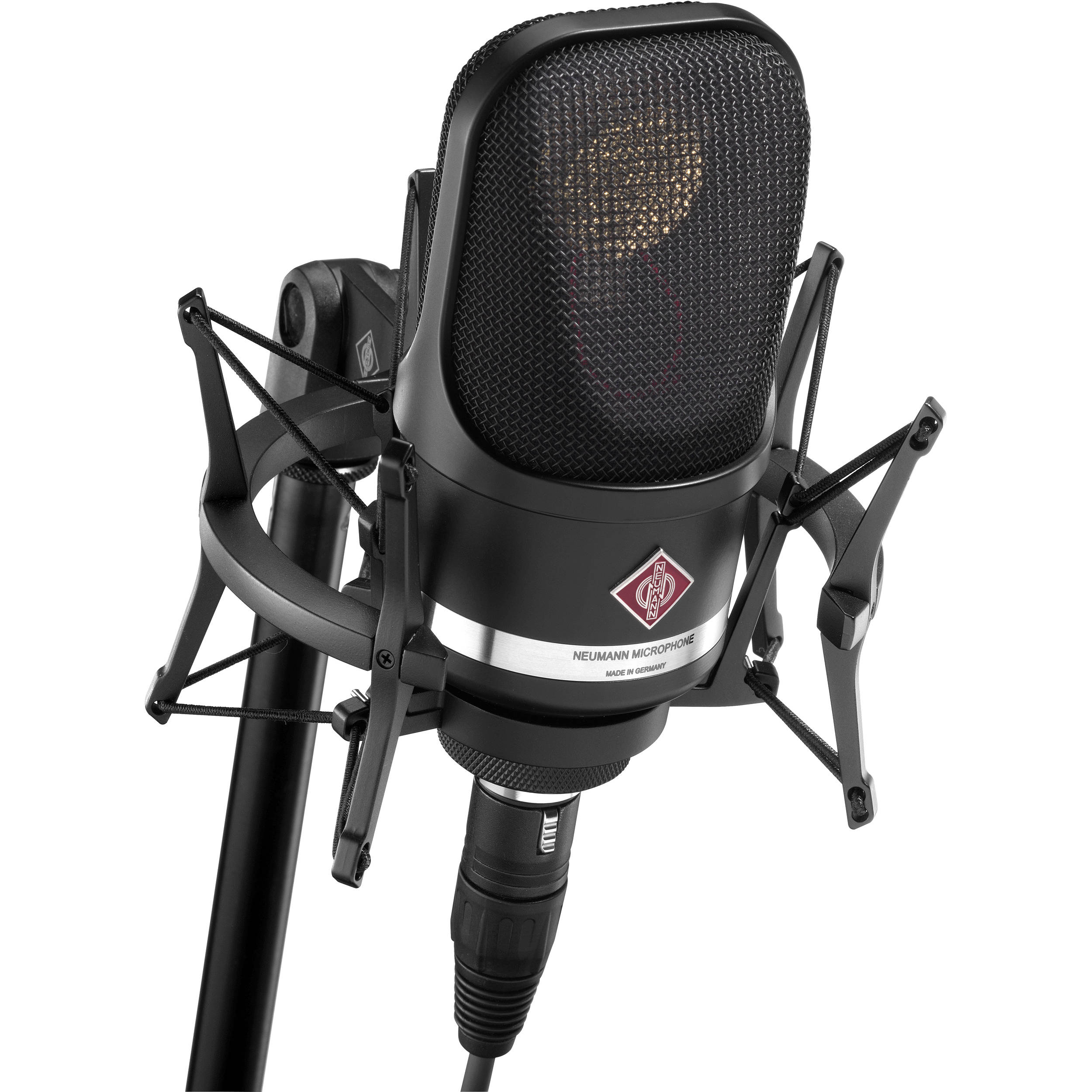 Neumann TLM 107 condenser microphone in studio setup, showing its sleek design and professional-grade build.