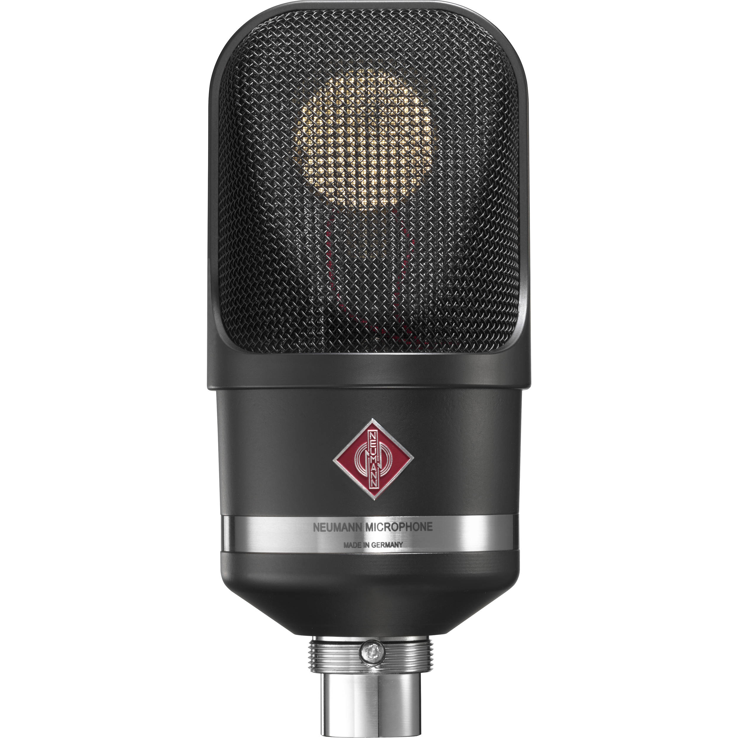 Neumann TLM 107 condenser studio microphone with shock mount and cable for professional recording setups.