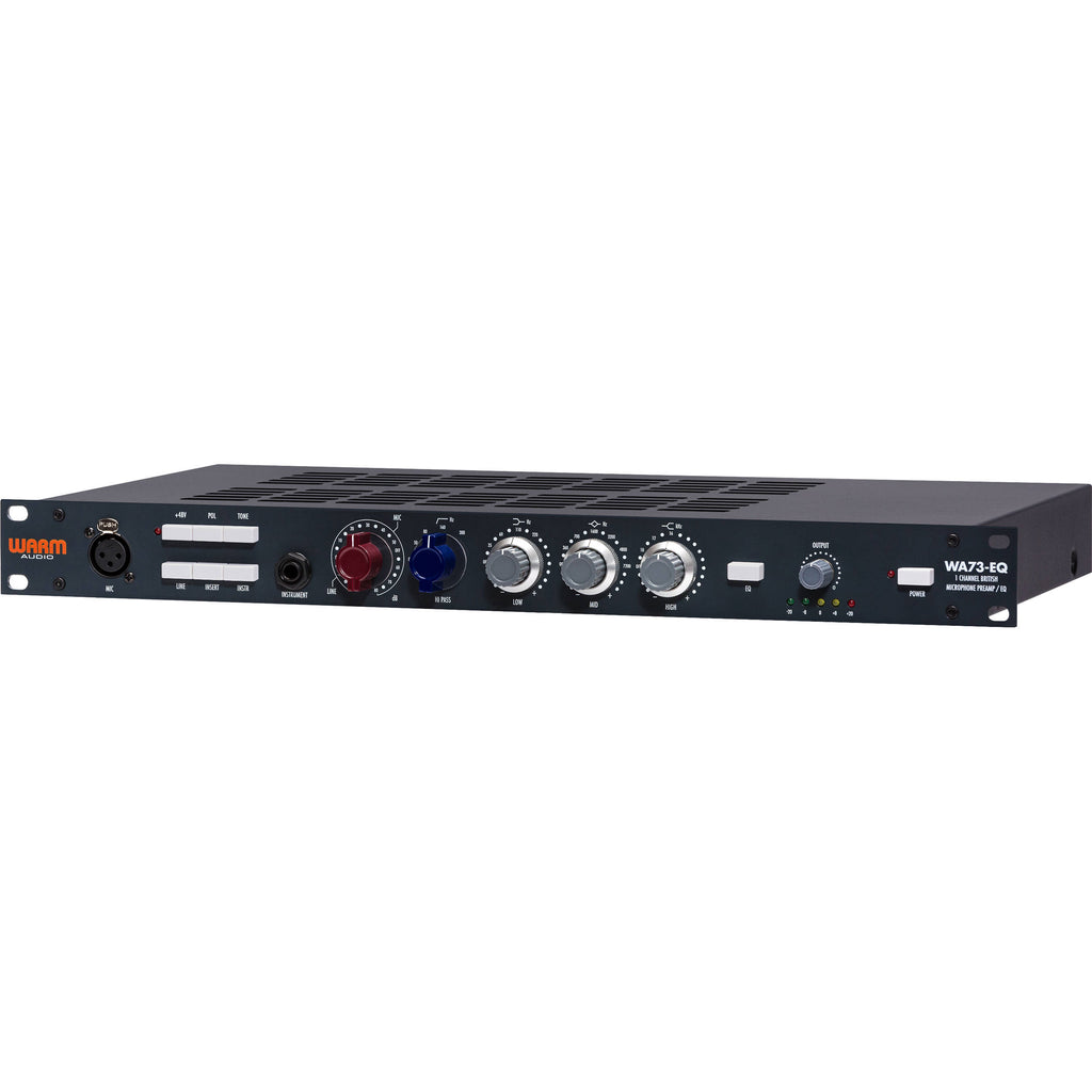 Warm Audio WA73-EQ microphone preamp with vintage-style controls and connectors, shown in a close-up image.