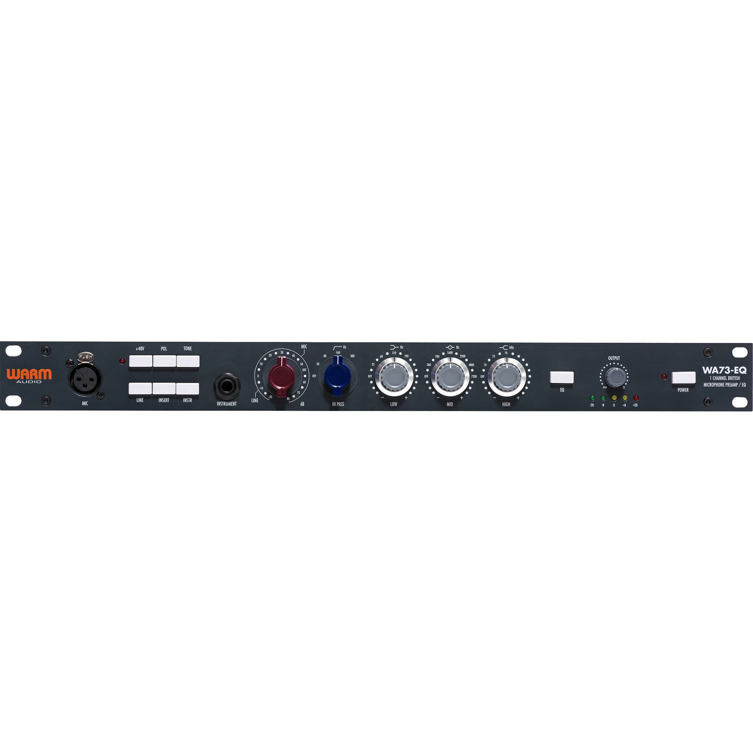 Warm Audio WA73-EQ microphone preamp with vintage-style controls and input/output jacks, mounted on a rack panel.