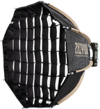 Zhiyun Molus X100 RGB light displaying colorful lighting options with adjustable brightness and color settings.