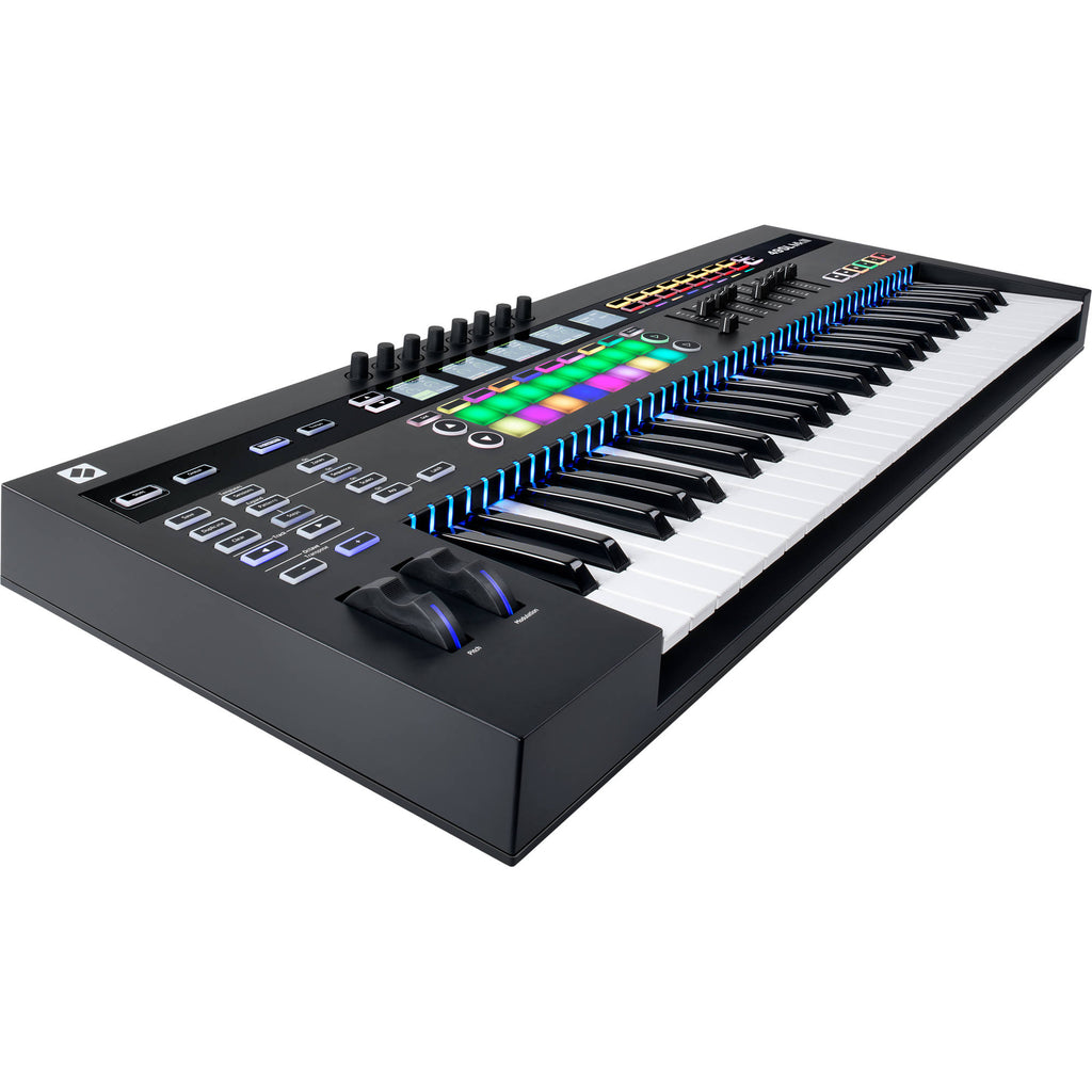 Novation 49SL MK3 MIDI keyboard with 49 keys, control knobs, and buttons, ideal for music production and live performance.