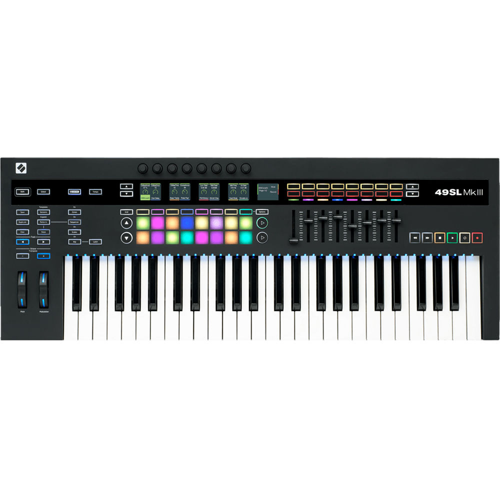Novation 49SL MK3 MIDI keyboard with black keys and control knobs, showing the compact design and key layout.