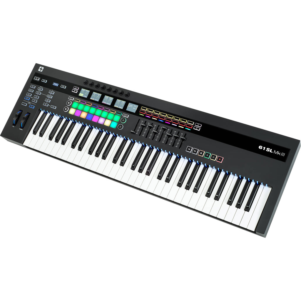 Novation 61SL MK3 MIDI keyboard with 61 keys and control knobs, showing a sleek black design and control surface.